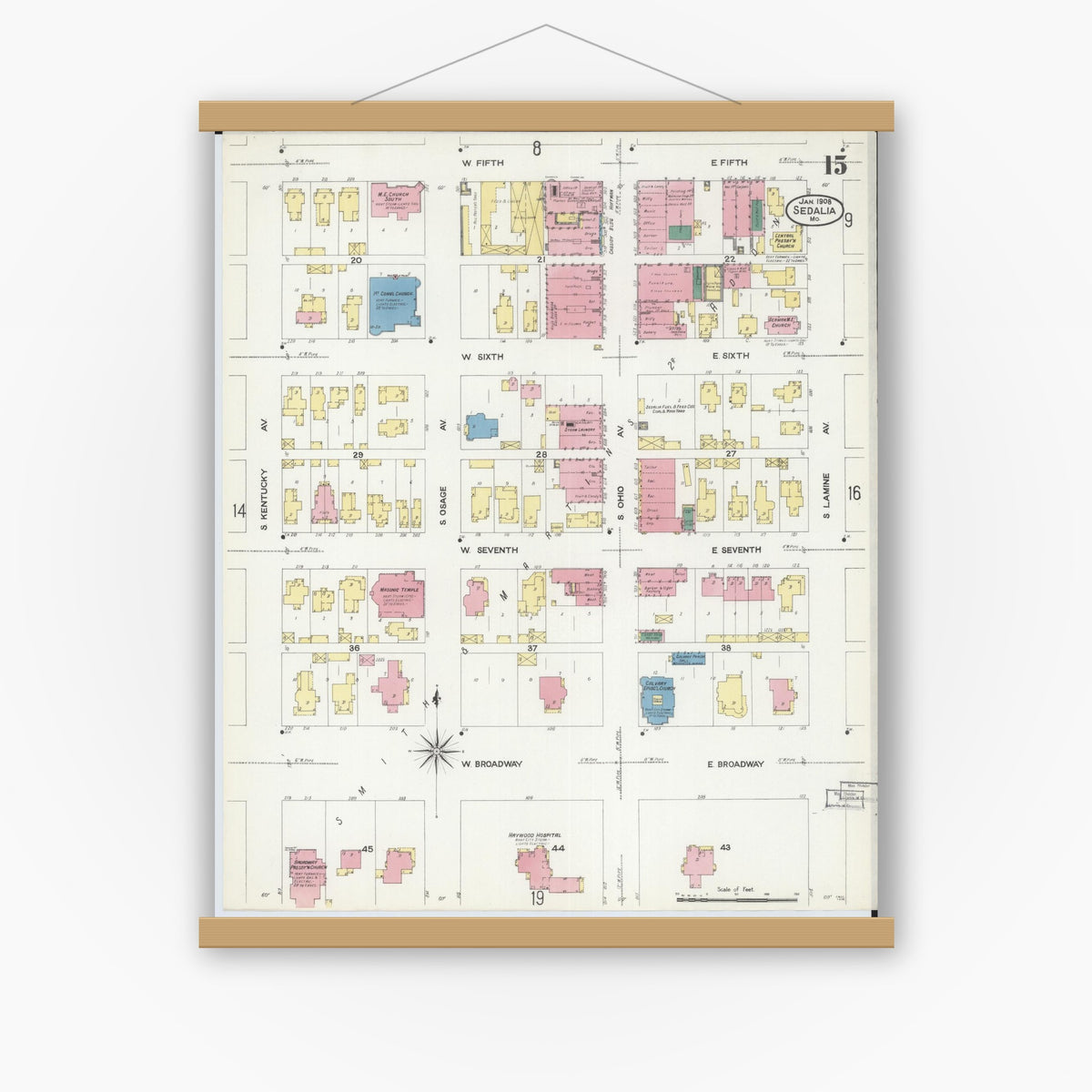 Old map wall art mockup — magnetic wood frame on white wall — Sanborn Fire Insurance Map from Sedalia, Pettis County, Missouri (1908), Sheet #0015