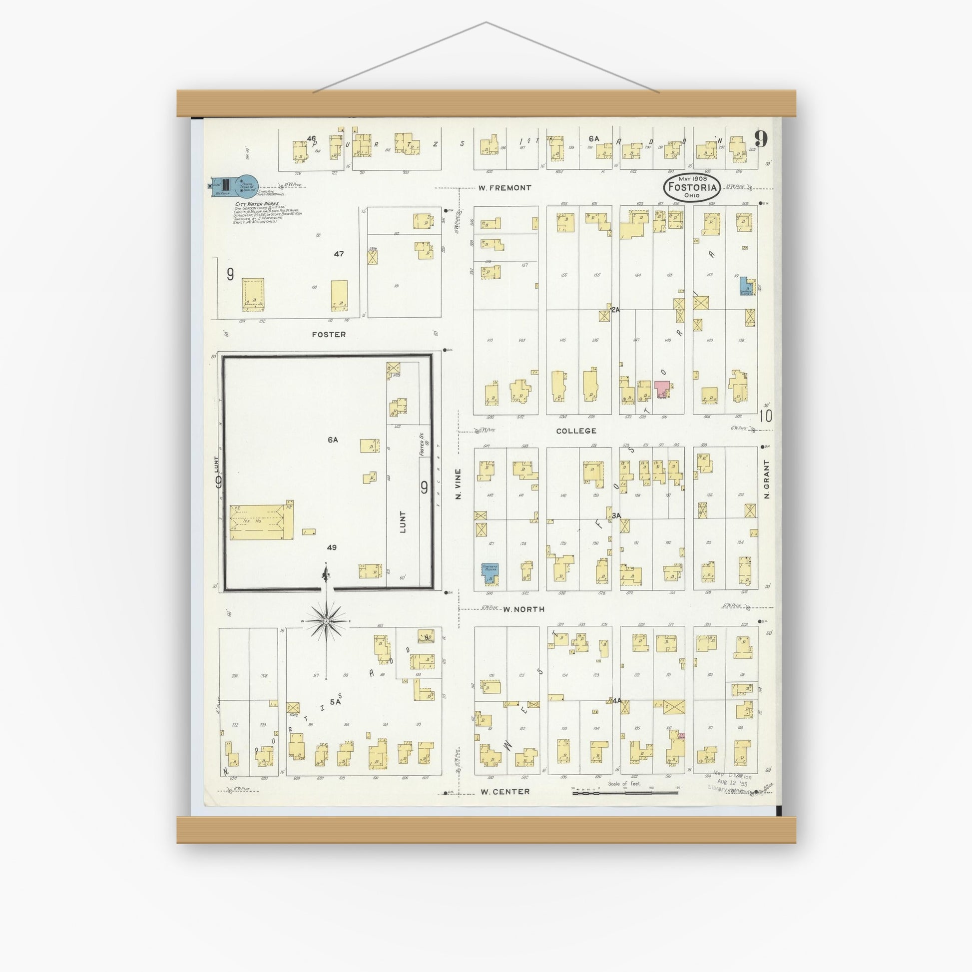 Old map wall art mockup — magnetic wood frame on white wall — Sanborn Fire Insurance Map from Fostoria, Seneca, Hancock, And Wood Counties, Ohio (1908), Sheet #0009