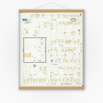 Old map wall art mockup — magnetic wood frame on white wall — Sanborn Fire Insurance Map from Fostoria, Seneca, Hancock, And Wood Counties, Ohio (1908), Sheet #0009
