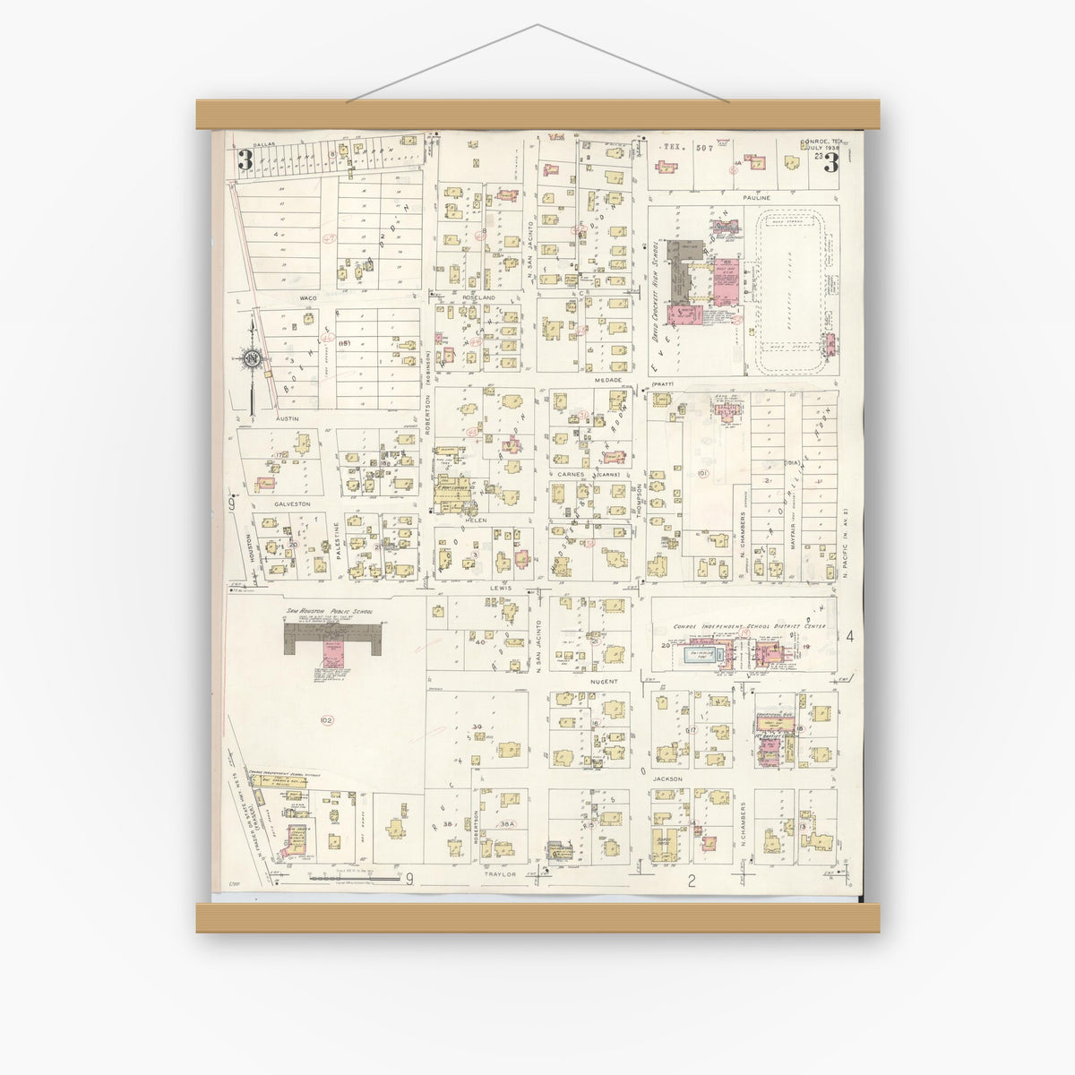 Old map wall art mockup — magnetic wood frame on white wall — Sanborn Fire Insurance Map from Conroe, Montgomery County, Texas (1943), Sheet #0003