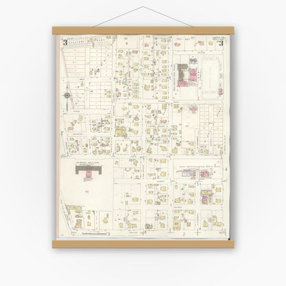 Old map wall art mockup — magnetic wood frame on white wall — Sanborn Fire Insurance Map from Conroe, Montgomery County, Texas (1943), Sheet #0003