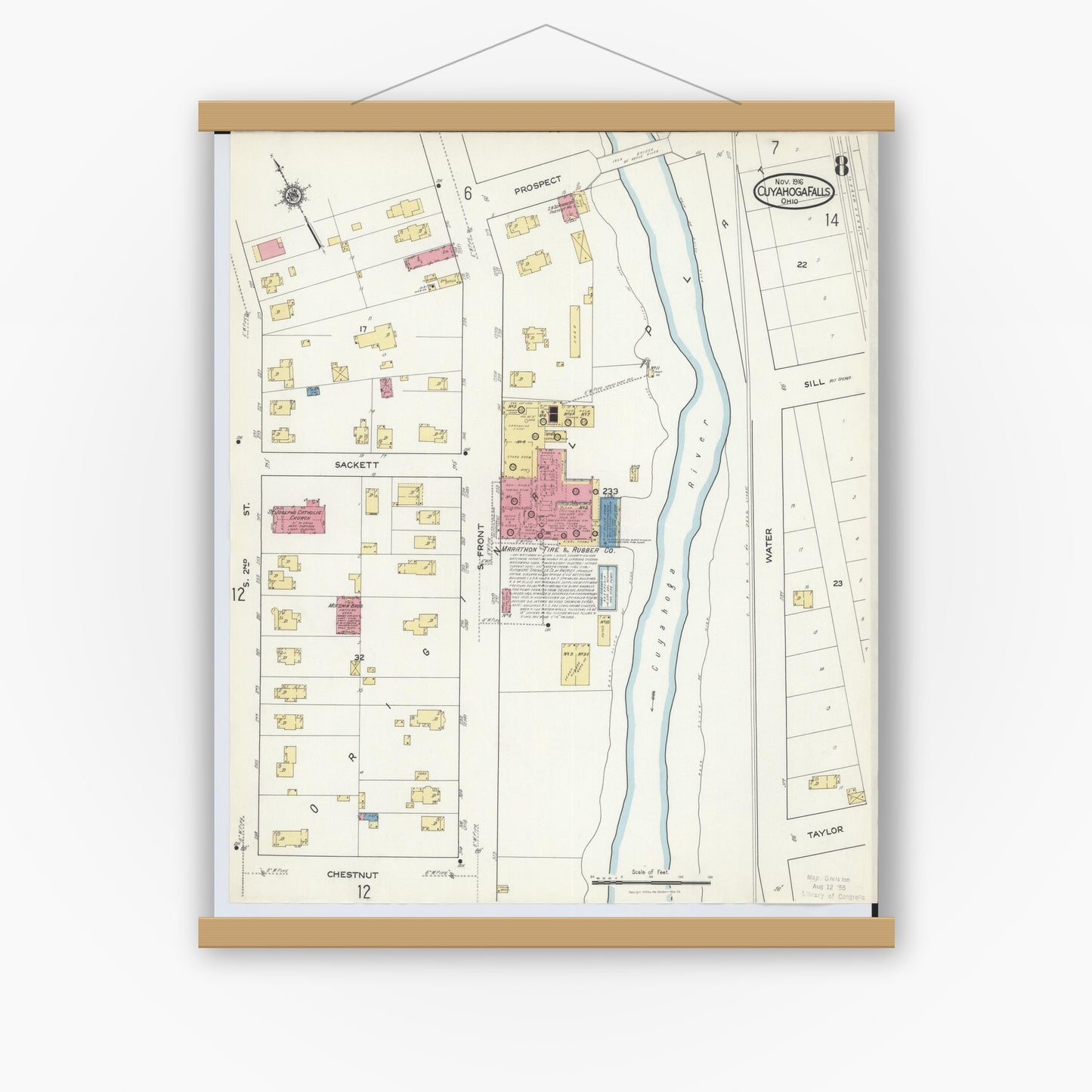 Old map wall art mockup — magnetic wood frame on white wall — Sanborn Fire Insurance Map from Cuyahoga Falls, Summit County, Ohio (1916), Sheet #0008