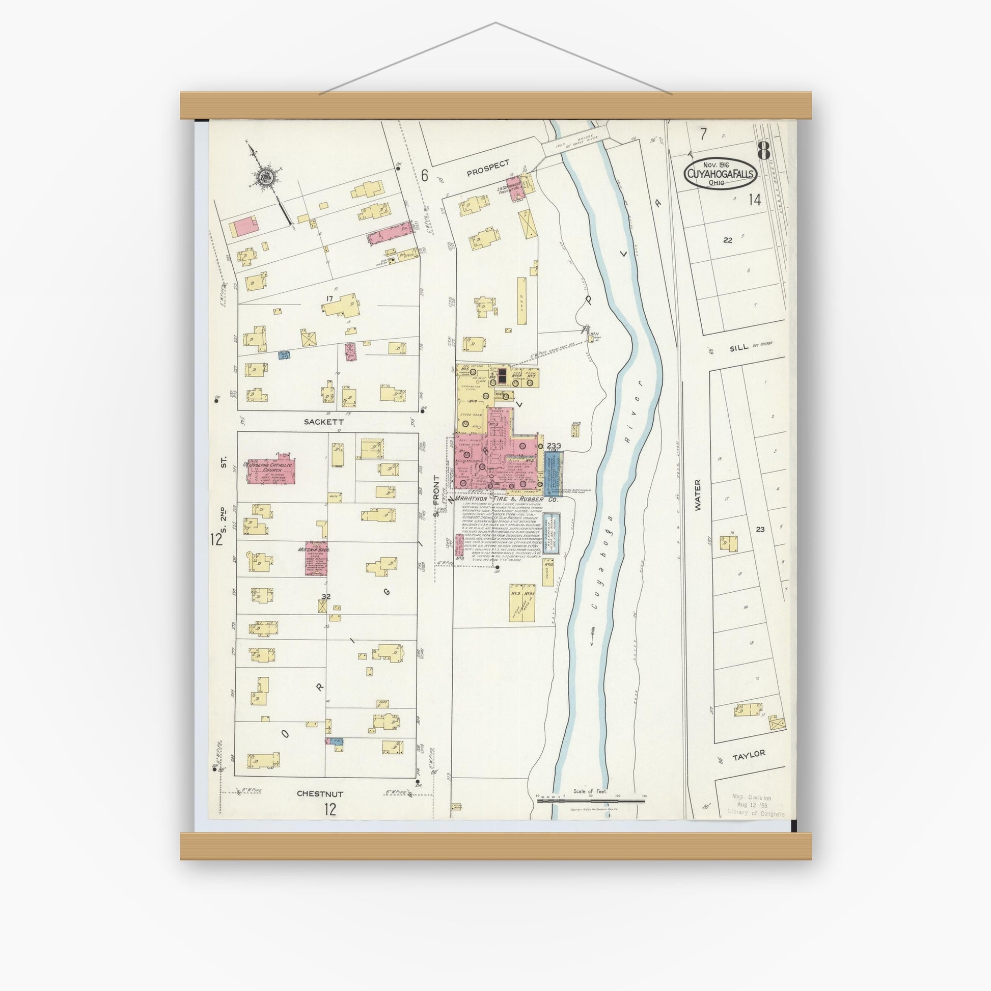 Old map wall art mockup — magnetic wood frame on white wall — Sanborn Fire Insurance Map from Cuyahoga Falls, Summit County, Ohio (1916), Sheet #0008