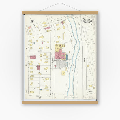 Old map wall art mockup — magnetic wood frame on white wall — Sanborn Fire Insurance Map from Cuyahoga Falls, Summit County, Ohio (1916), Sheet #0008