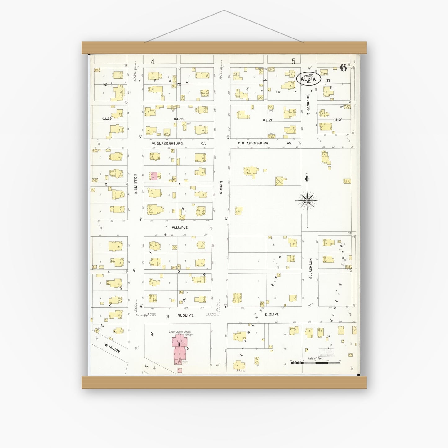Old map wall art mockup — magnetic wood frame on white wall — Sanborn Fire Insurance Map from Albia, Monroe County, Iowa (1907), Sheet #0006