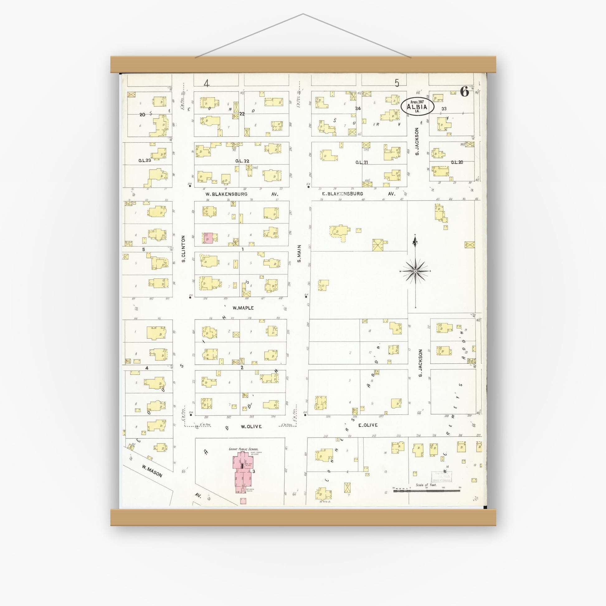 Old map wall art mockup — magnetic wood frame on white wall — Sanborn Fire Insurance Map from Albia, Monroe County, Iowa (1907), Sheet #0006