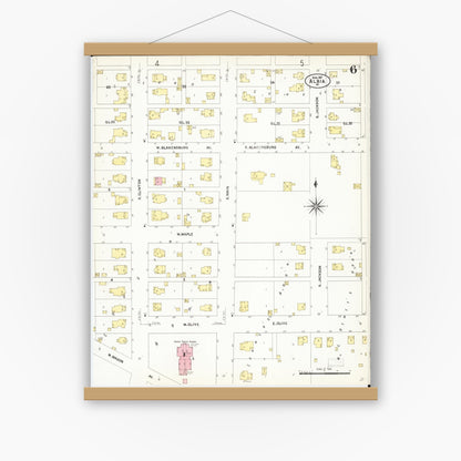 Old map wall art mockup — magnetic wood frame on white wall — Sanborn Fire Insurance Map from Albia, Monroe County, Iowa (1907), Sheet #0006