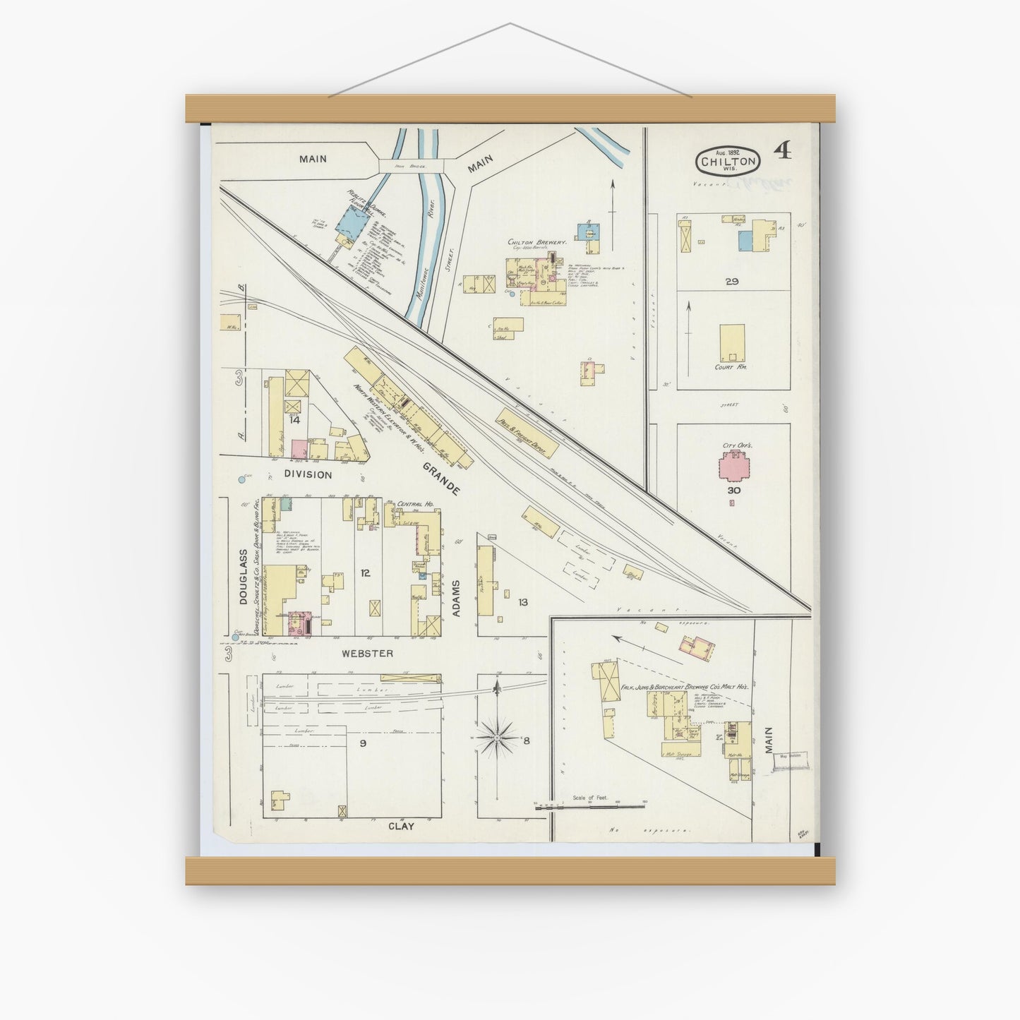 Old map wall art mockup — magnetic wood frame on white wall — Sanborn Fire Insurance Map from Chilton, Calumet County, Wisconsin (1892), Sheet #0004