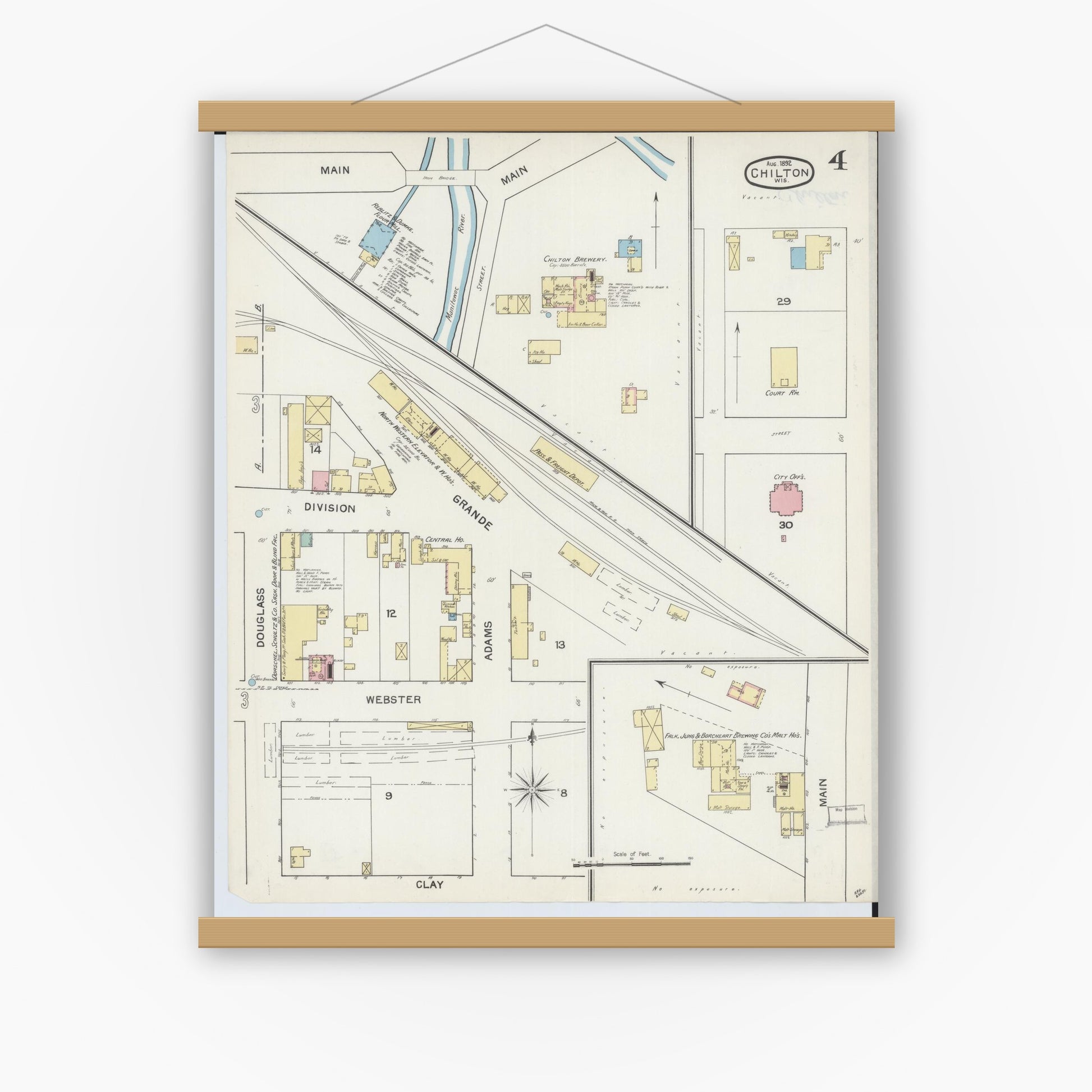 Old map wall art mockup — magnetic wood frame on white wall — Sanborn Fire Insurance Map from Chilton, Calumet County, Wisconsin (1892), Sheet #0004