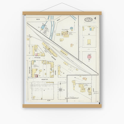 Old map wall art mockup — magnetic wood frame on white wall — Sanborn Fire Insurance Map from Chilton, Calumet County, Wisconsin (1892), Sheet #0004