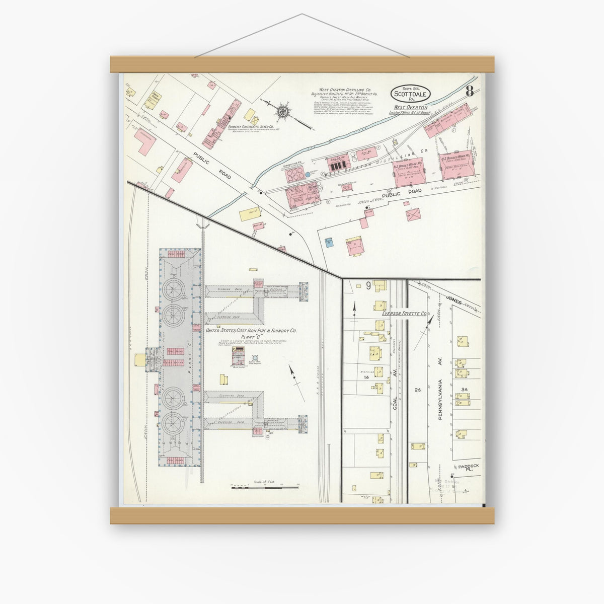 Old map wall art mockup — magnetic wood frame on white wall — Sanborn Fire Insurance Map from Scottdale, Westmoreland County, Pennsylvania (1914), Sheet #0008