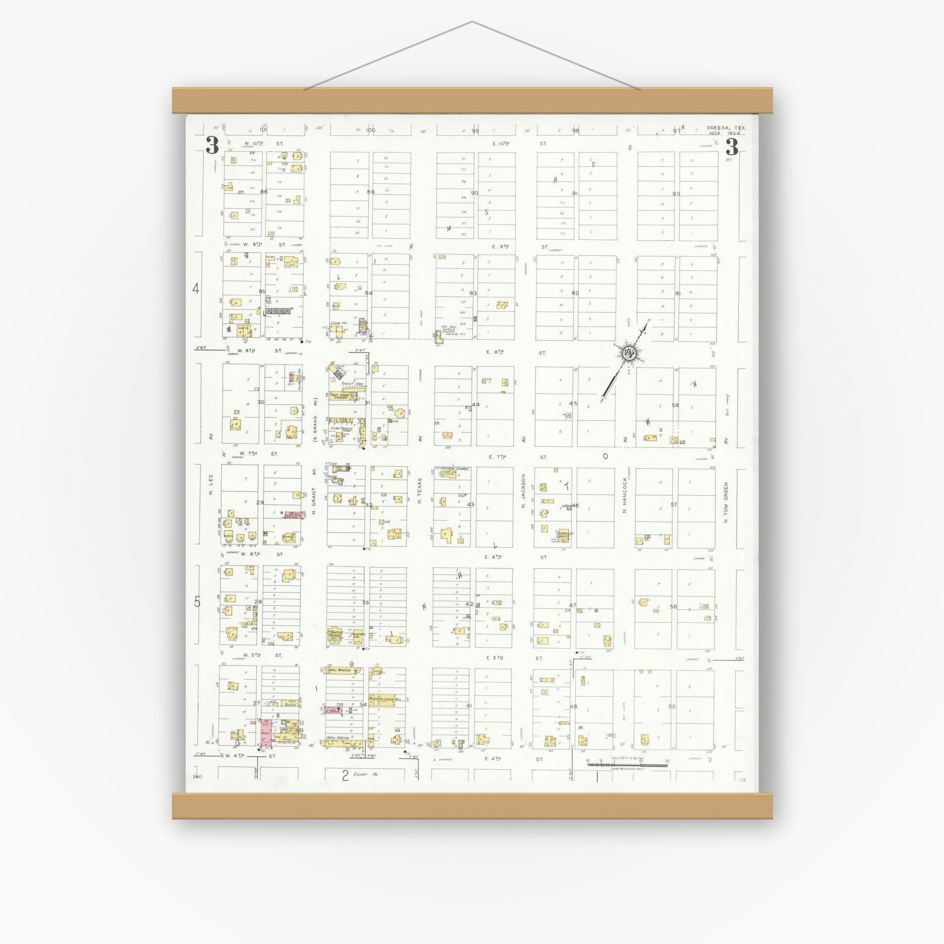 Old map wall art mockup — magnetic wood frame on white wall — Sanborn Fire Insurance Map from Odessa, Edger County, Texas (1934), Sheet #0003