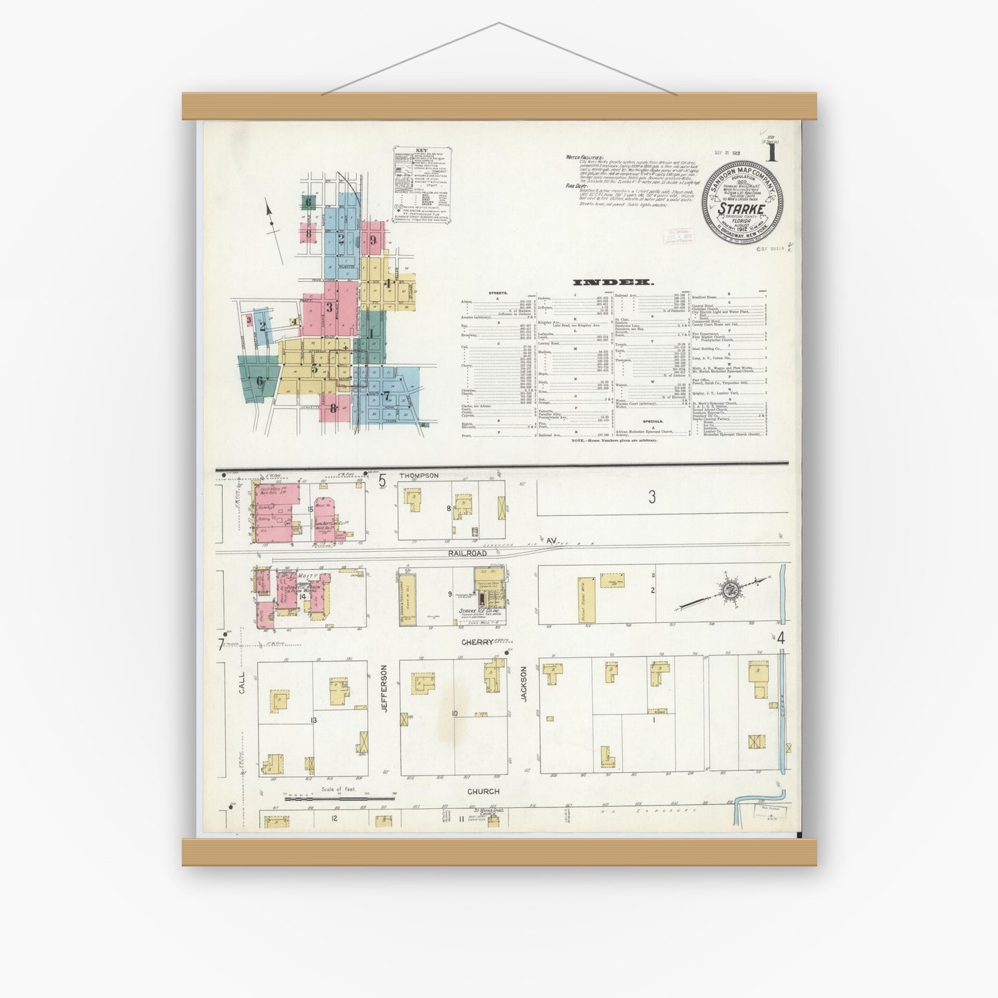 Old map wall art mockup — magnetic wood frame on white wall — Sanborn Fire Insurance Map from Starke, Bradford County, Florida (1912), Sheet #0001