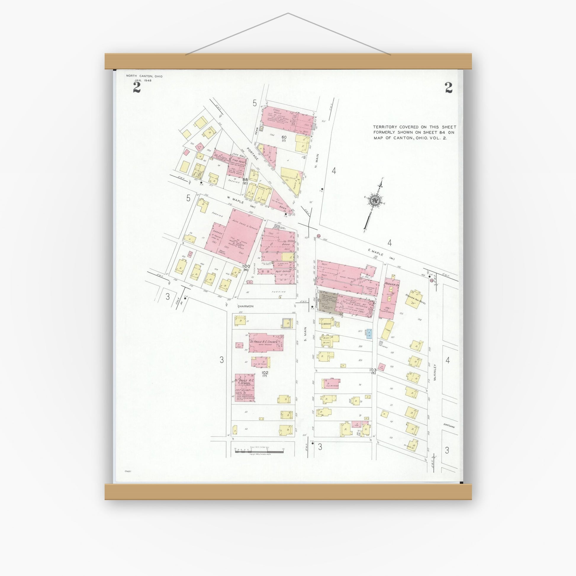 Old map wall art mockup — magnetic wood frame on white wall — Sanborn Fire Insurance Map from North Canton, Stark County, Ohio (1948), Sheet #0002