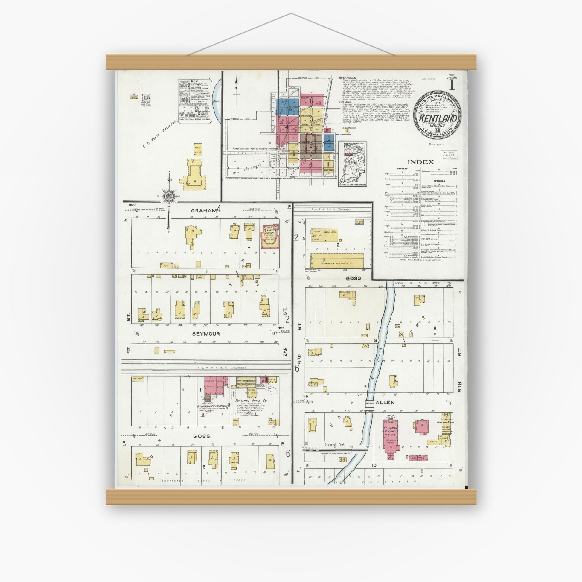 Old map wall art mockup — magnetic wood frame on white wall — Sanborn Fire Insurance Map from Kentland, Newton County, Indiana (1921) - Complete Map Set
