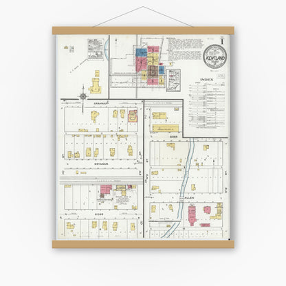 Old map wall art mockup — magnetic wood frame on white wall — Sanborn Fire Insurance Map from Kentland, Newton County, Indiana (1921) - Complete Map Set