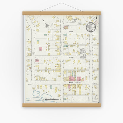 Old map wall art mockup — magnetic wood frame on white wall — Sanborn Fire Insurance Map from Markle, Huntington County, Indiana (1895), Sheet #0001