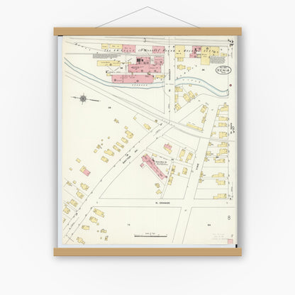 Old map wall art mockup — magnetic wood frame on white wall — Sanborn Fire Insurance Map from Xenia, Greene County, Ohio (1910), Sheet #0002