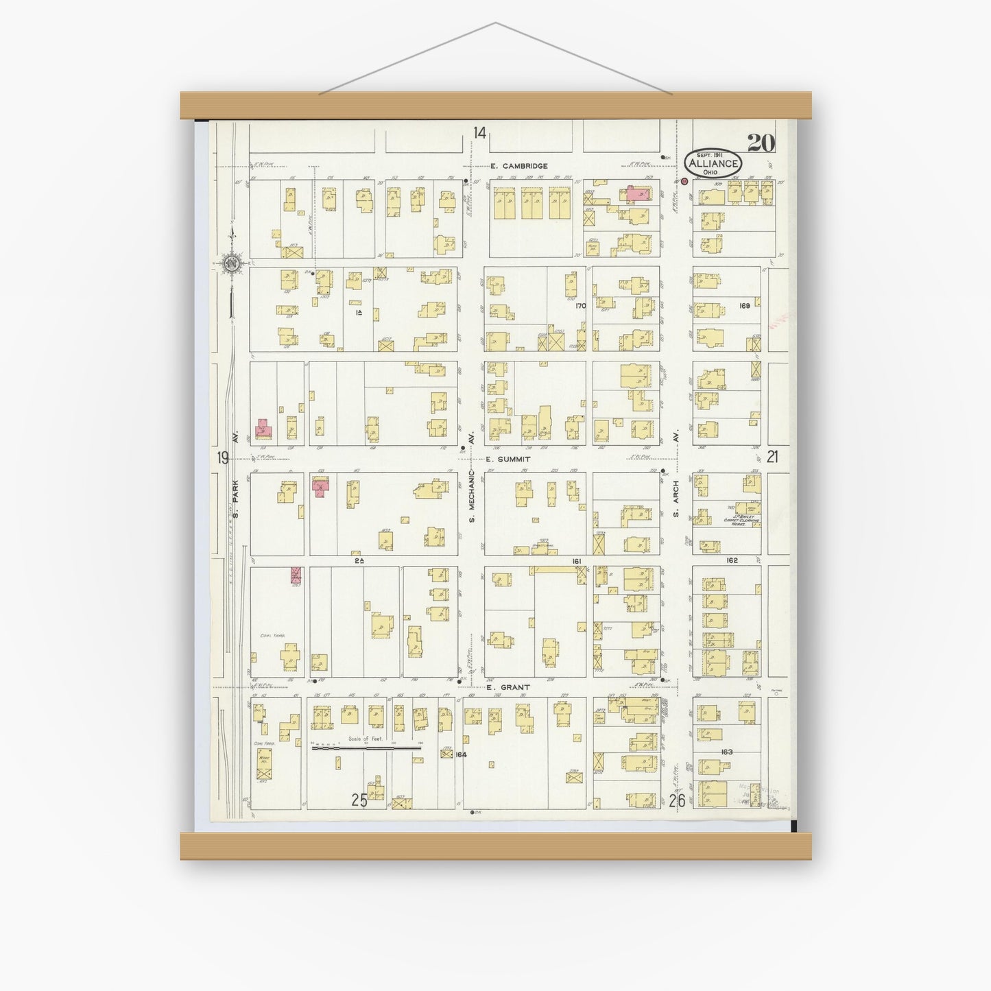 Old map wall art mockup — magnetic wood frame on white wall — Sanborn Fire Insurance Map from Alliance, Stark County, Ohio (1911), Sheet #0020