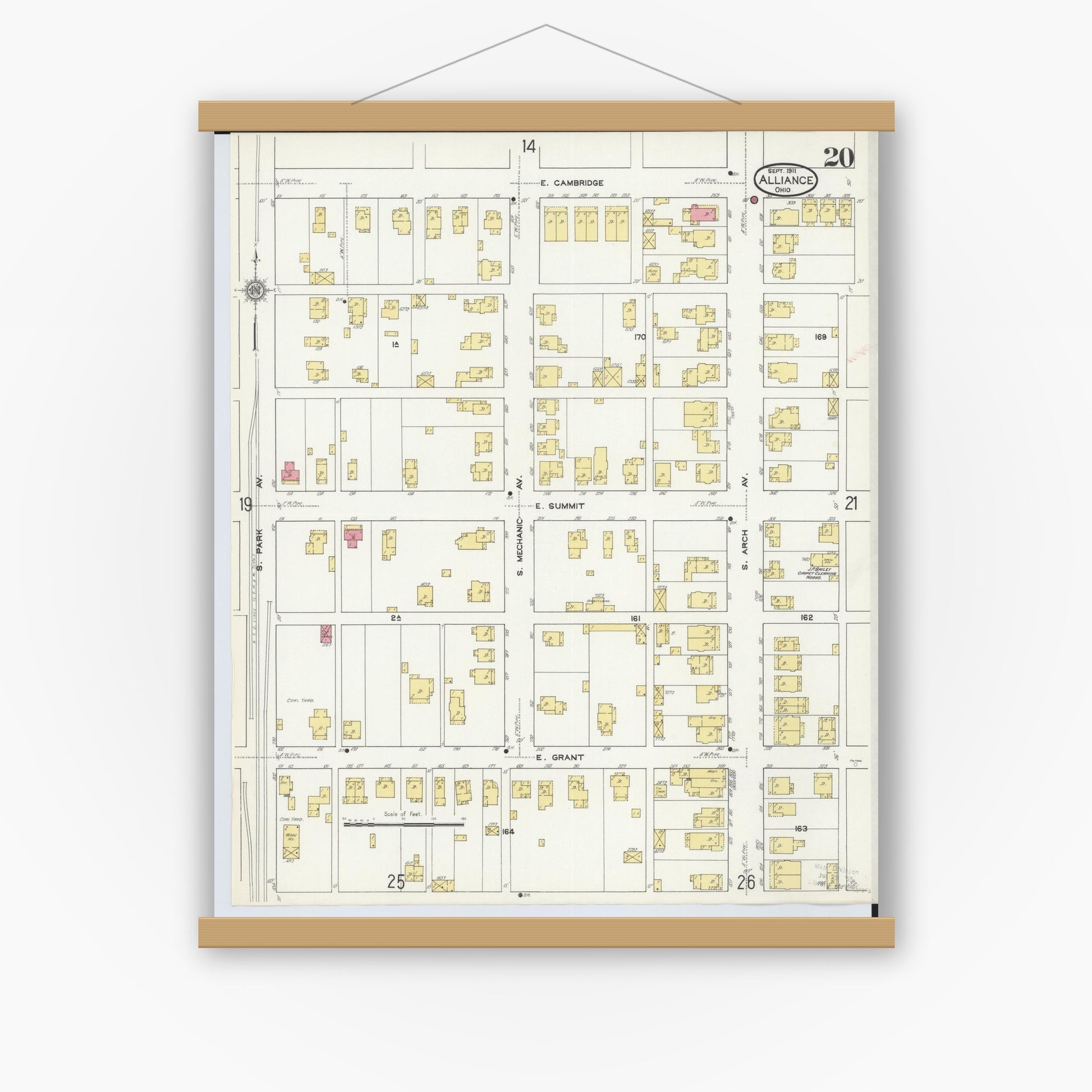 Old map wall art mockup — magnetic wood frame on white wall — Sanborn Fire Insurance Map from Alliance, Stark County, Ohio (1911), Sheet #0020