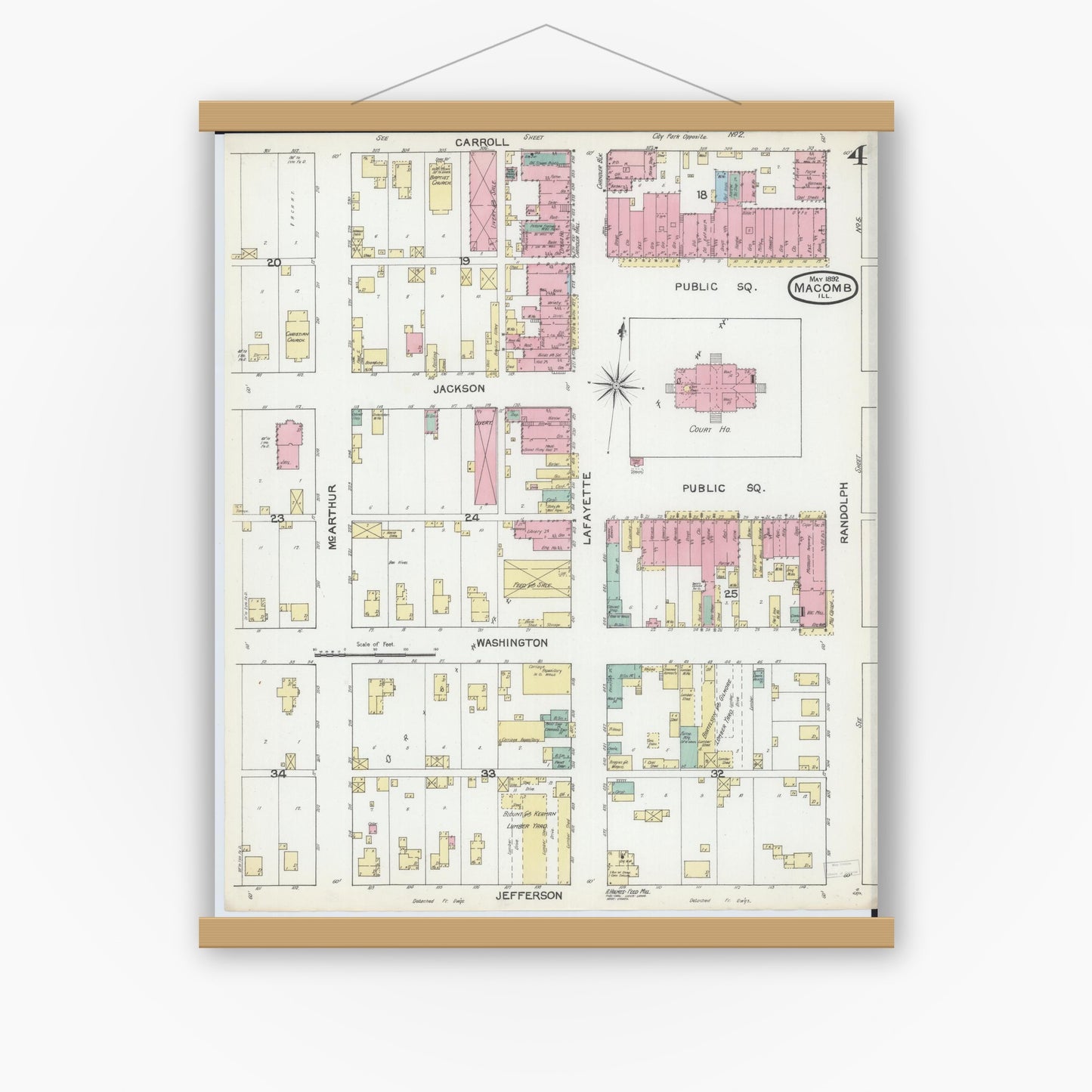 Old map wall art mockup — magnetic wood frame on white wall — Sanborn Fire Insurance Map from Macomb, Mcdonough County, Illinois (1892), Sheet #0004