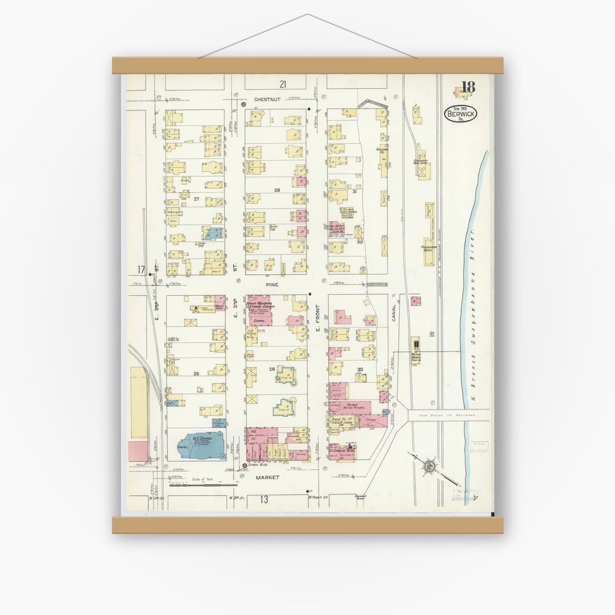 Old map wall art mockup — magnetic wood frame on white wall — Sanborn Fire Insurance Map from Berwick, Columbia County, Pennsylvania (1913), Sheet #0018