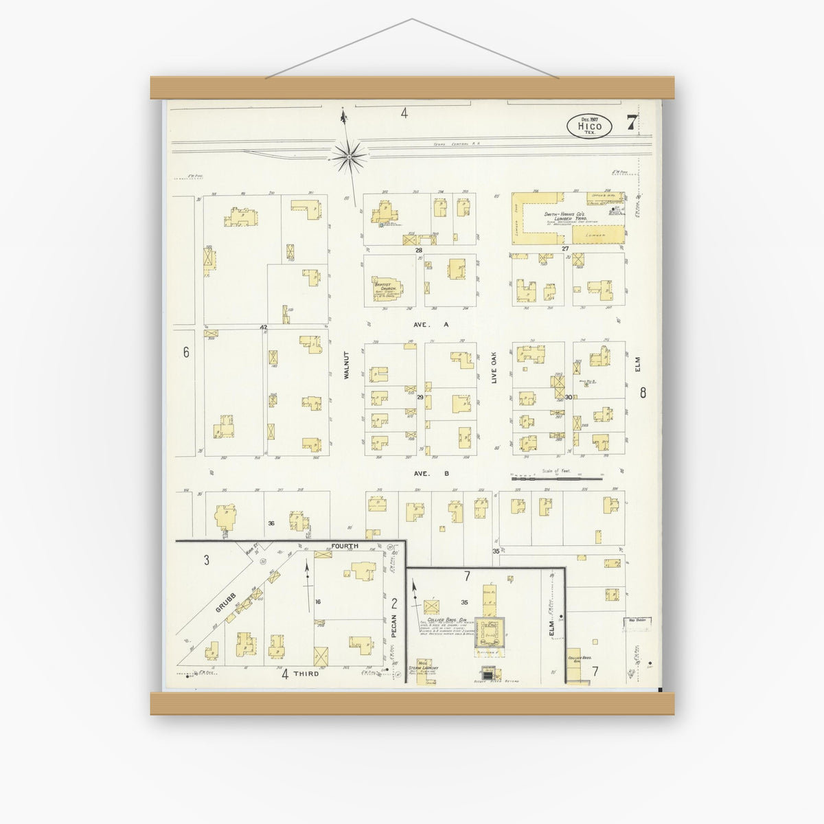 Old map wall art mockup — magnetic wood frame on white wall — Sanborn Fire Insurance Map from Hico, Hamilton County, Texas (1907), Sheet #0007