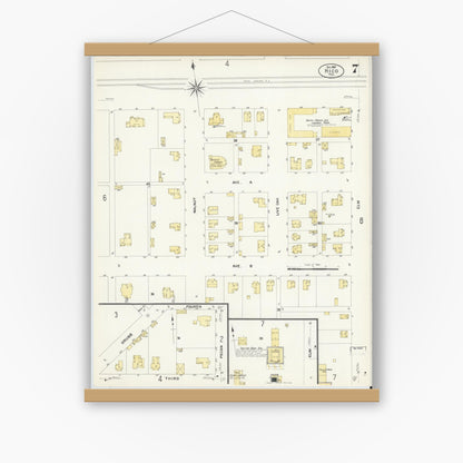 Old map wall art mockup — magnetic wood frame on white wall — Sanborn Fire Insurance Map from Hico, Hamilton County, Texas (1907), Sheet #0007