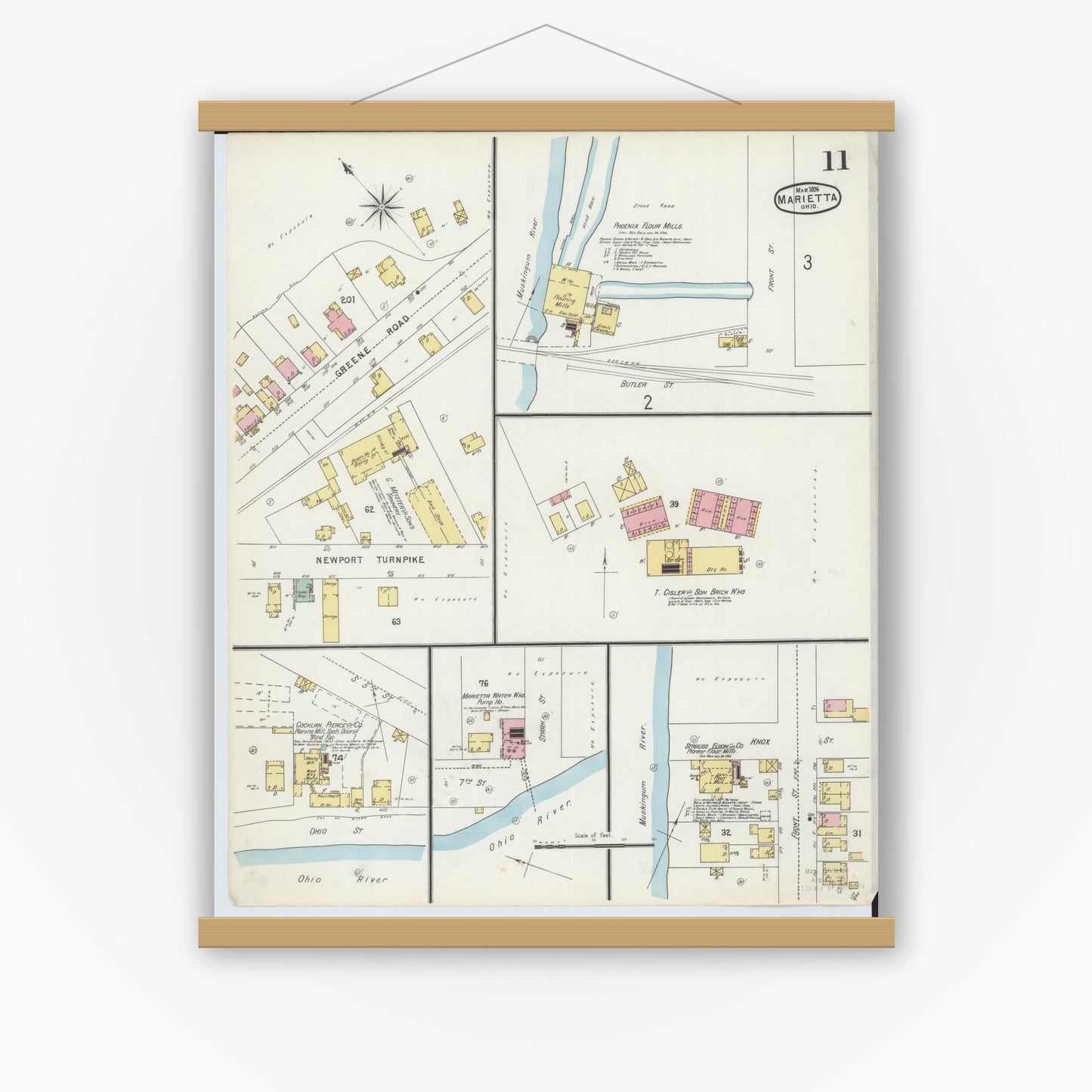 Old map wall art mockup — magnetic wood frame on white wall — Sanborn Fire Insurance Map from Marietta, Washington County, Ohio (1896), Sheet #0011