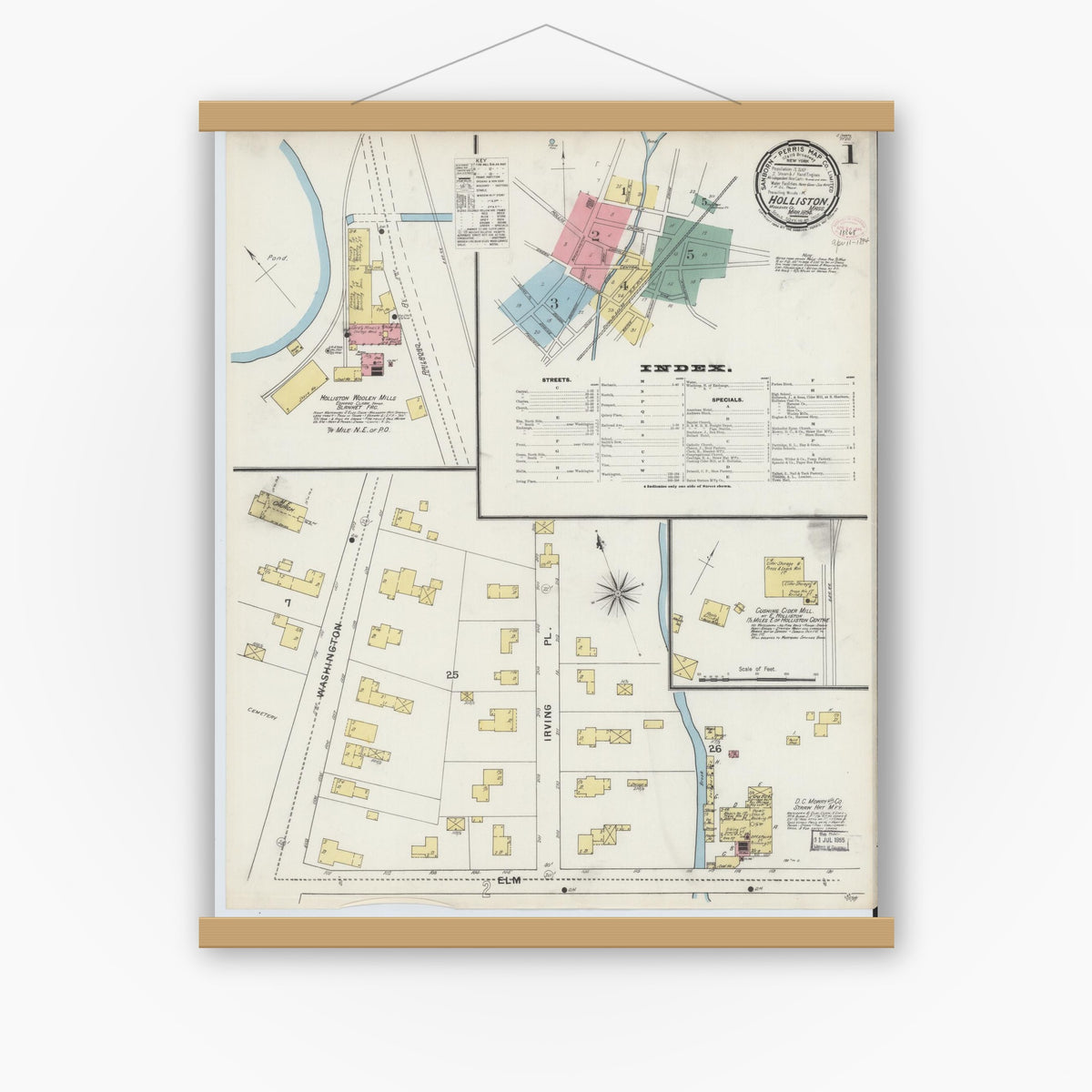 Old map wall art mockup — magnetic wood frame on white wall — Sanborn Fire Insurance Map from Holliston, Middlesex County, Massachusetts (1894) - Complete Map Set