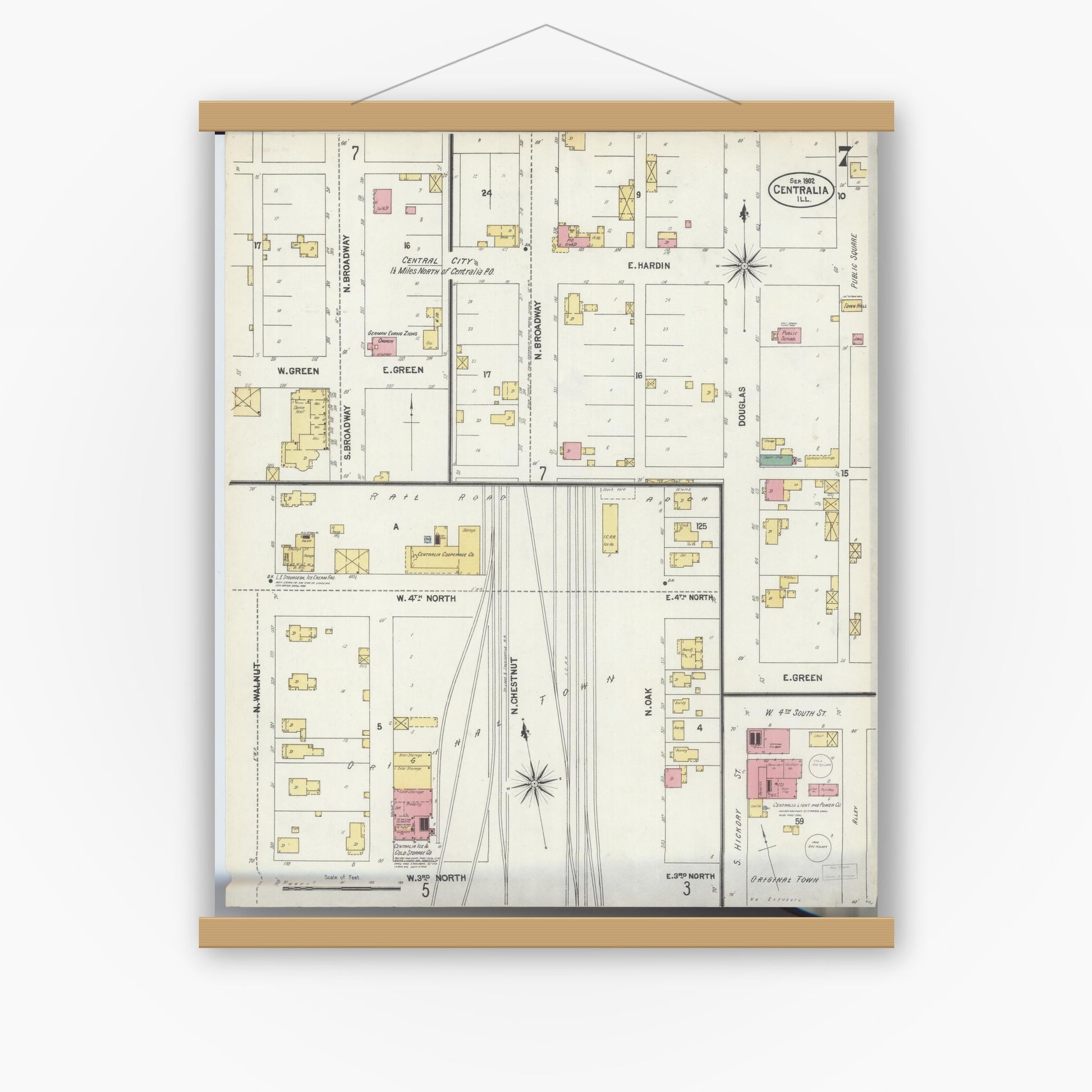 Old map wall art mockup — magnetic wood frame on white wall — Sanborn Fire Insurance Map from Centralia, Marion, Clinton, Jefferson, and Washington Counties, Illinois (1902), Sheet #0007