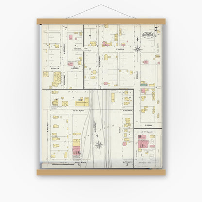 Old map wall art mockup — magnetic wood frame on white wall — Sanborn Fire Insurance Map from Centralia, Marion, Clinton, Jefferson, and Washington Counties, Illinois (1902), Sheet #0007
