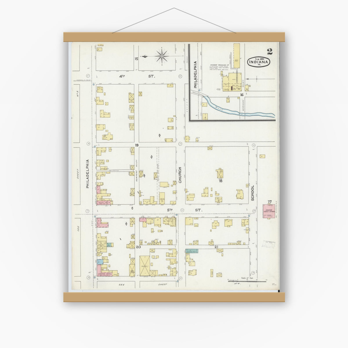 Old map wall art mockup — magnetic wood frame on white wall — Sanborn Fire Insurance Map from Indiana, Indiana County, Pennsylvania (1892), Sheet #0002
