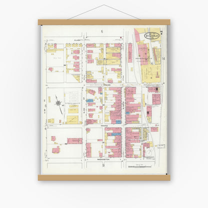 Old map wall art mockup — magnetic wood frame on white wall — Sanborn Fire Insurance Map from Saint Charles, Saint Charles County, Missouri (1917), Sheet #0007