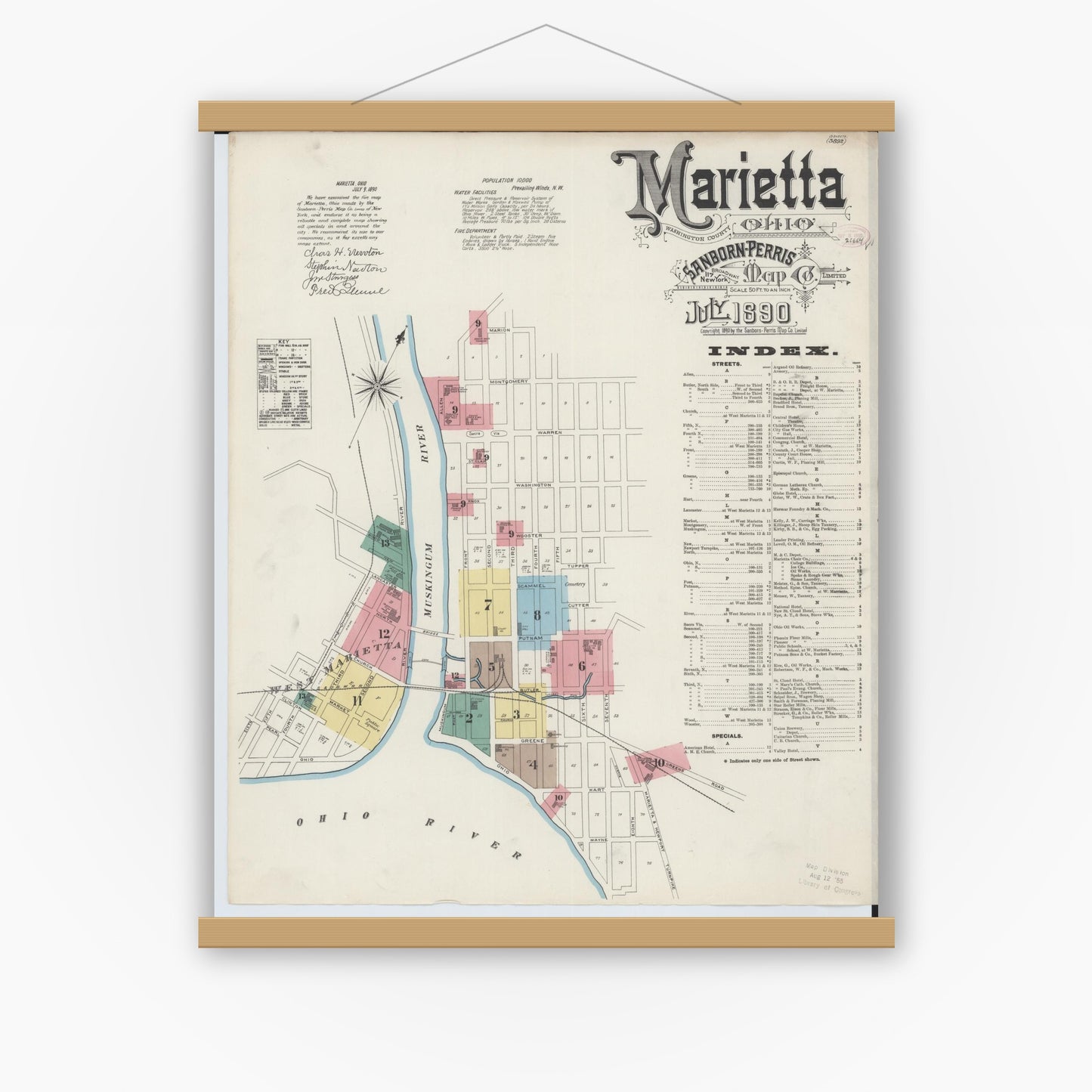 Old map wall art mockup — magnetic wood frame on white wall — Sanborn Fire Insurance Map from Marietta, Washington County, Ohio (1890), Sheet #0001