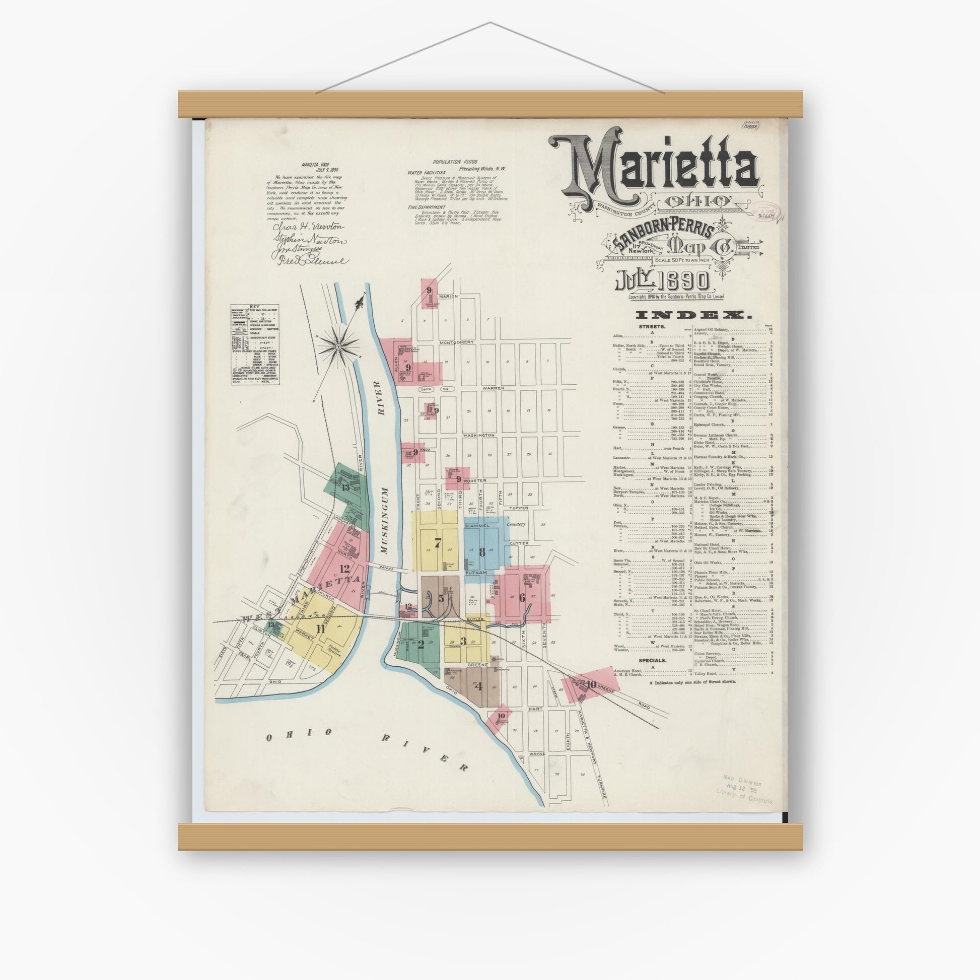 Old map wall art mockup — magnetic wood frame on white wall — Sanborn Fire Insurance Map from Marietta, Washington County, Ohio (1890), Sheet #0001
