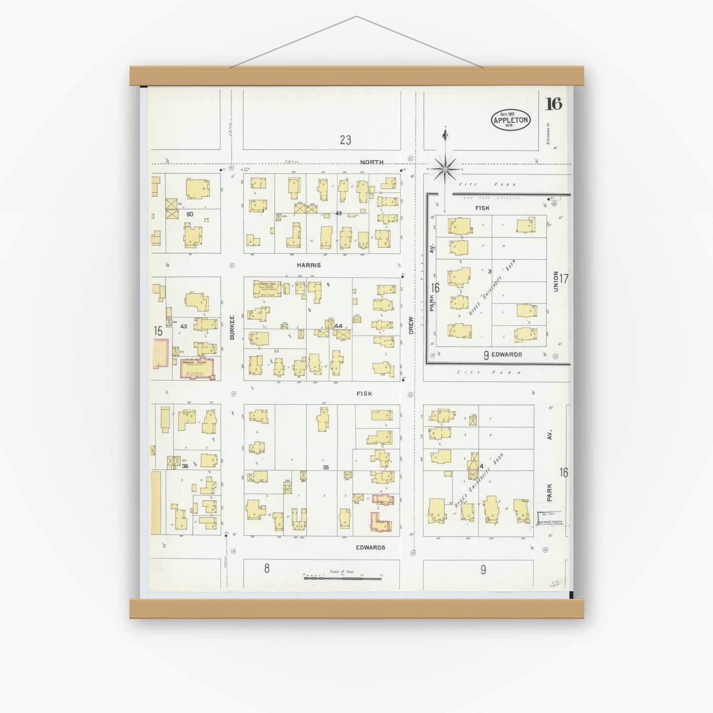 Old map wall art mockup — magnetic wood frame on white wall — Sanborn Fire Insurance Map from Appleton, Outagamie County, Wisconsin (1901), Sheet #0016