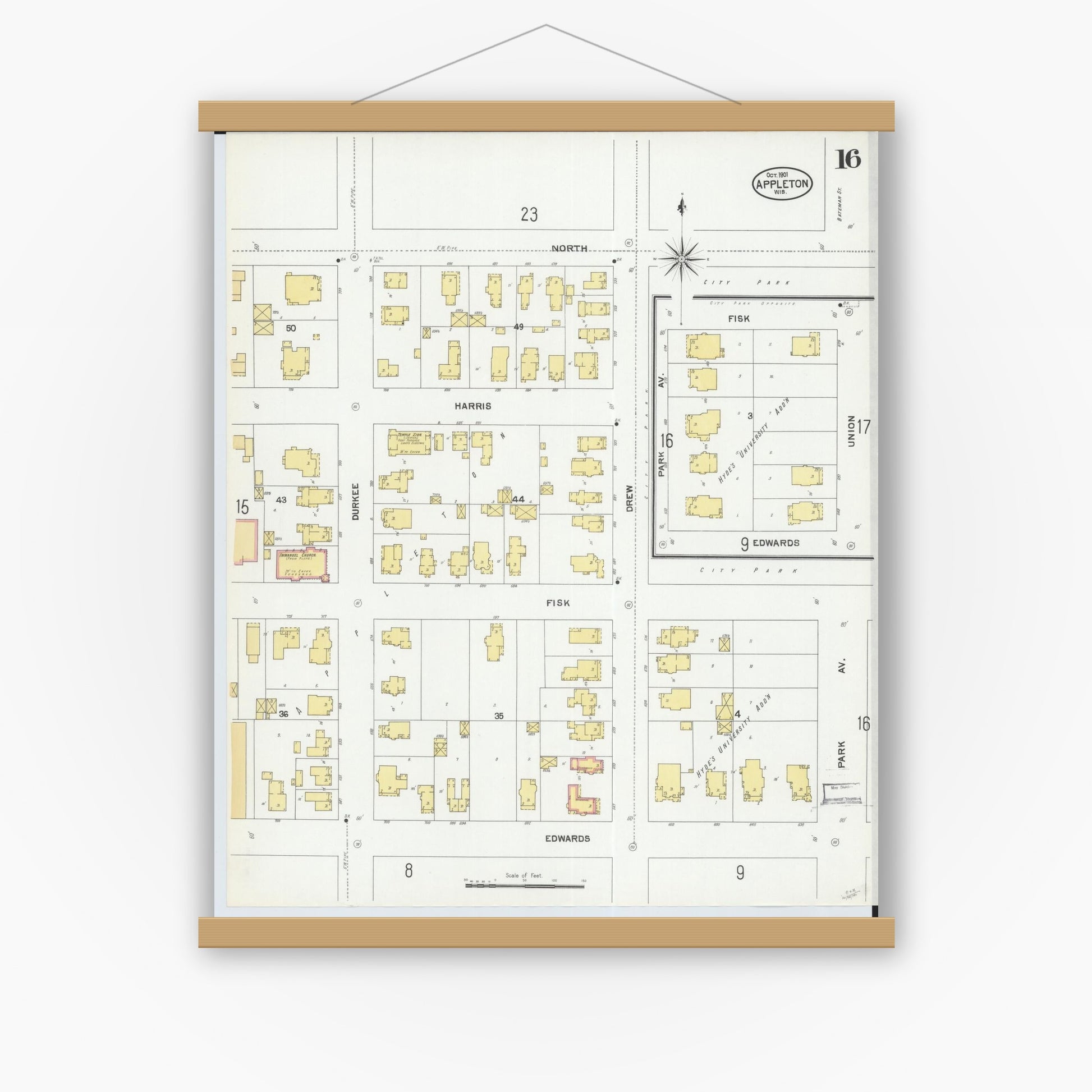 Old map wall art mockup — magnetic wood frame on white wall — Sanborn Fire Insurance Map from Appleton, Outagamie County, Wisconsin (1901), Sheet #0016