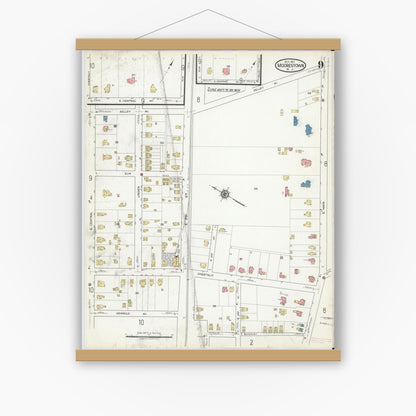 Old map wall art mockup — magnetic wood frame on white wall — Sanborn Fire Insurance Map from Moorestown, Burlington County, New Jersey (1917), Sheet #0009