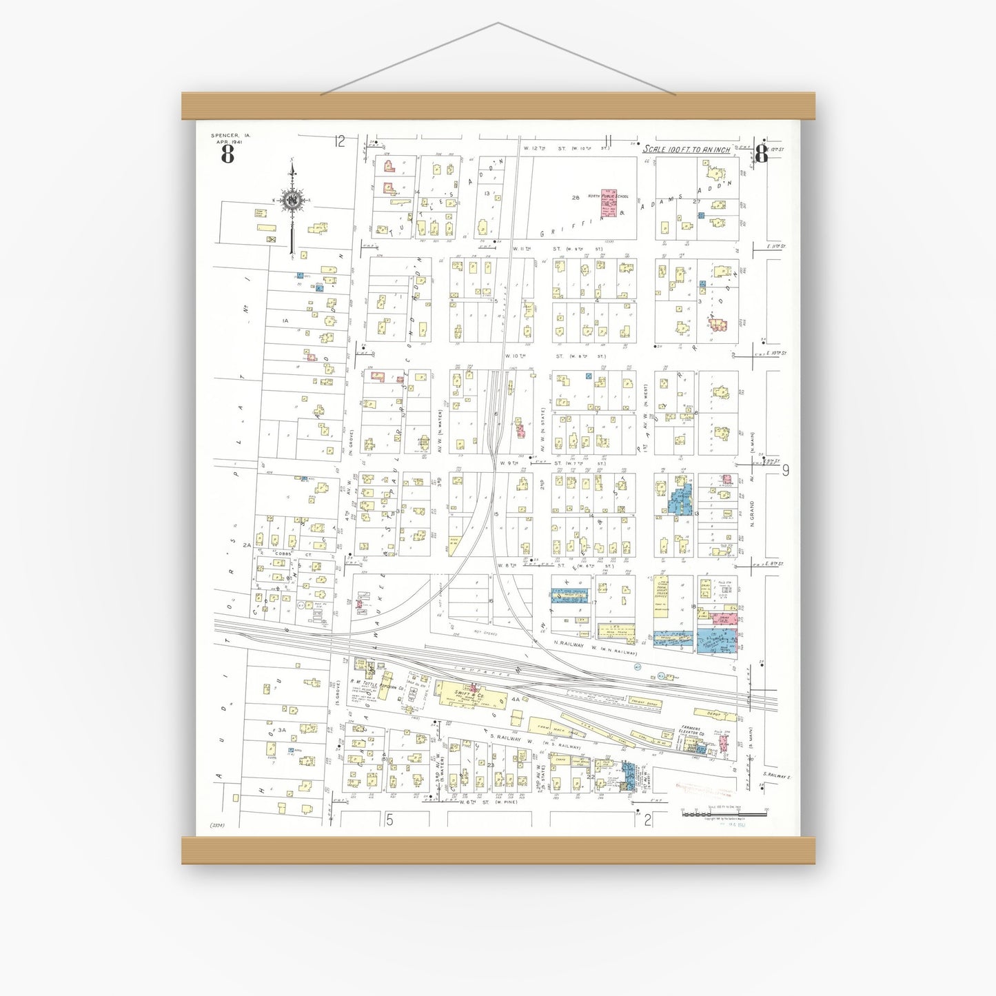 Old map wall art mockup — magnetic wood frame on white wall — Sanborn Fire Insurance Map from Spencer, Clay County, Iowa (1941), Sheet #0008