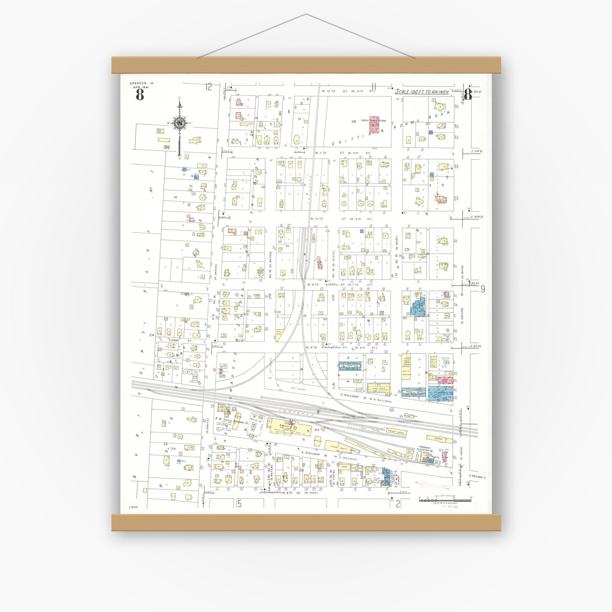Old map wall art mockup — magnetic wood frame on white wall — Sanborn Fire Insurance Map from Spencer, Clay County, Iowa (1941), Sheet #0008