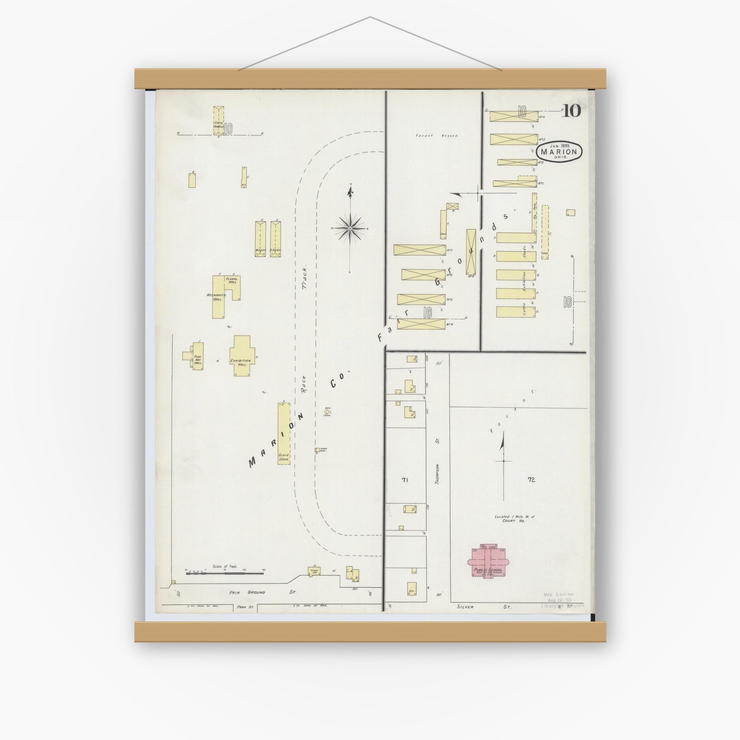 Old map wall art mockup — magnetic wood frame on white wall — Sanborn Fire Insurance Map from Marion, Marion County, Ohio (1895), Sheet #0010