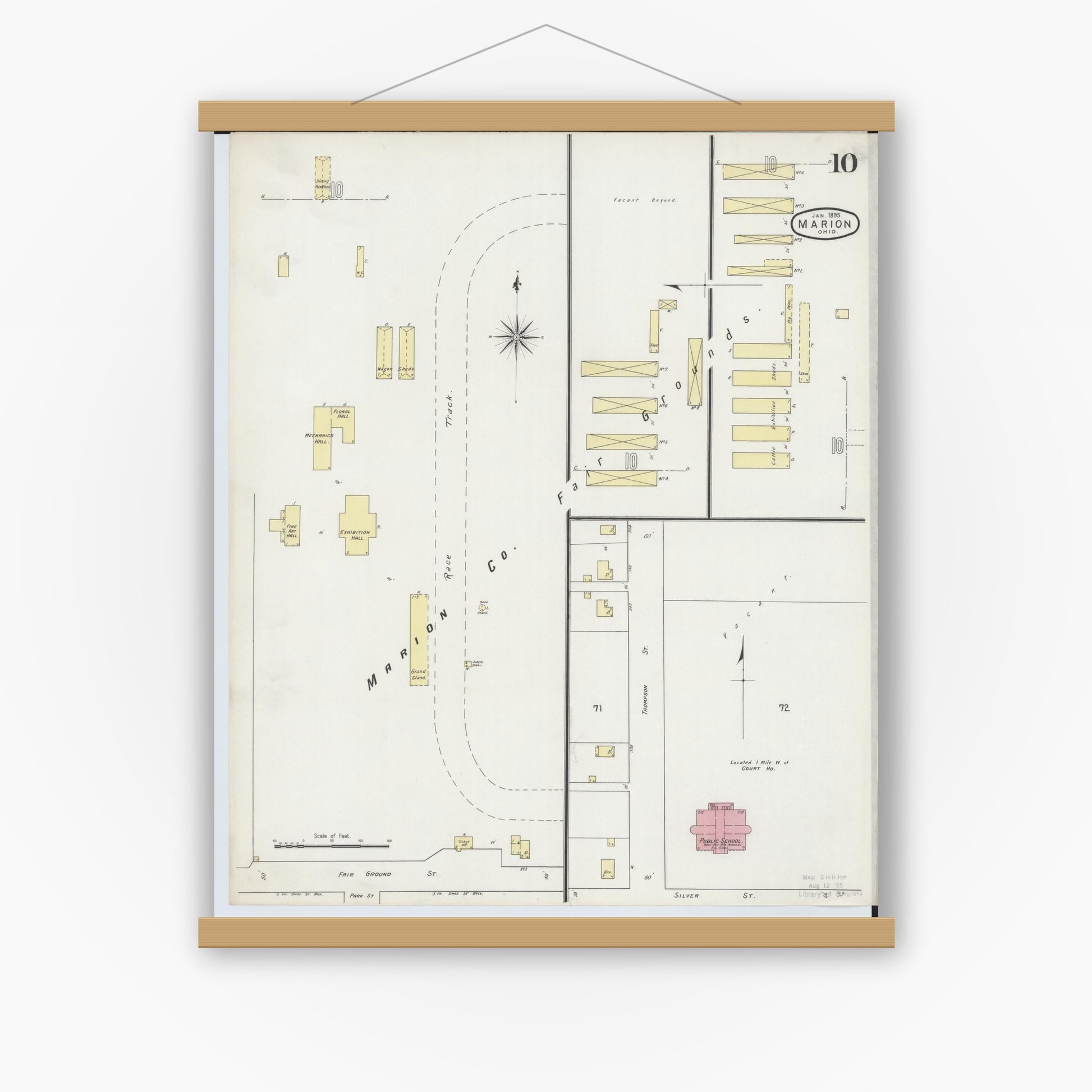 Old map wall art mockup — magnetic wood frame on white wall — Sanborn Fire Insurance Map from Marion, Marion County, Ohio (1895), Sheet #0010