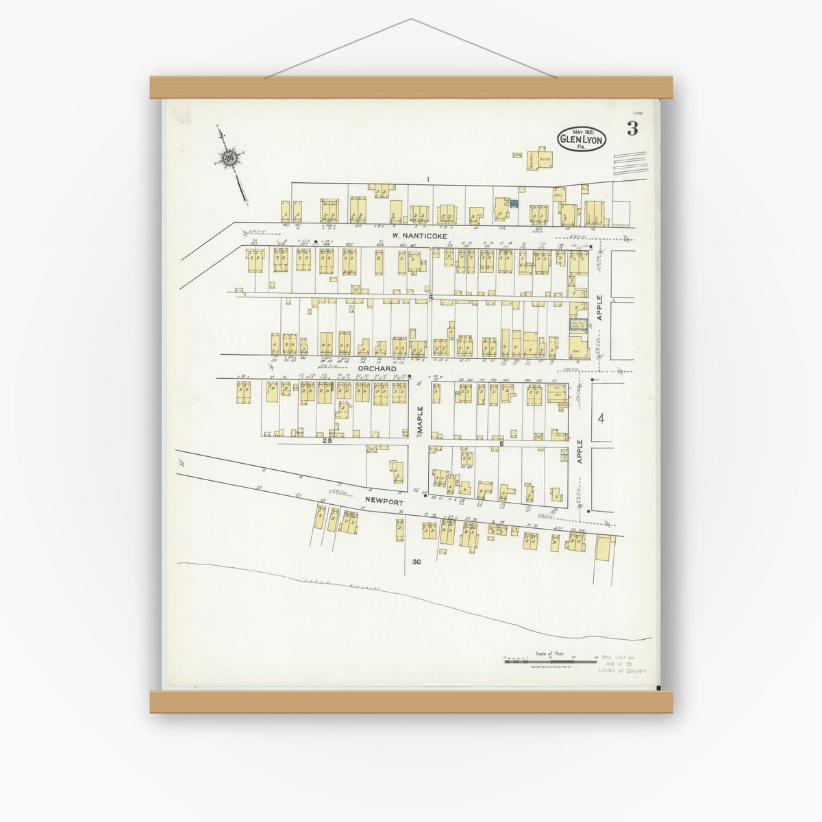 Old map wall art mockup — magnetic wood frame on white wall — Sanborn Fire Insurance Map from Glen Lyon, Luzerne County, Pennsylvania (1921), Sheet #0003