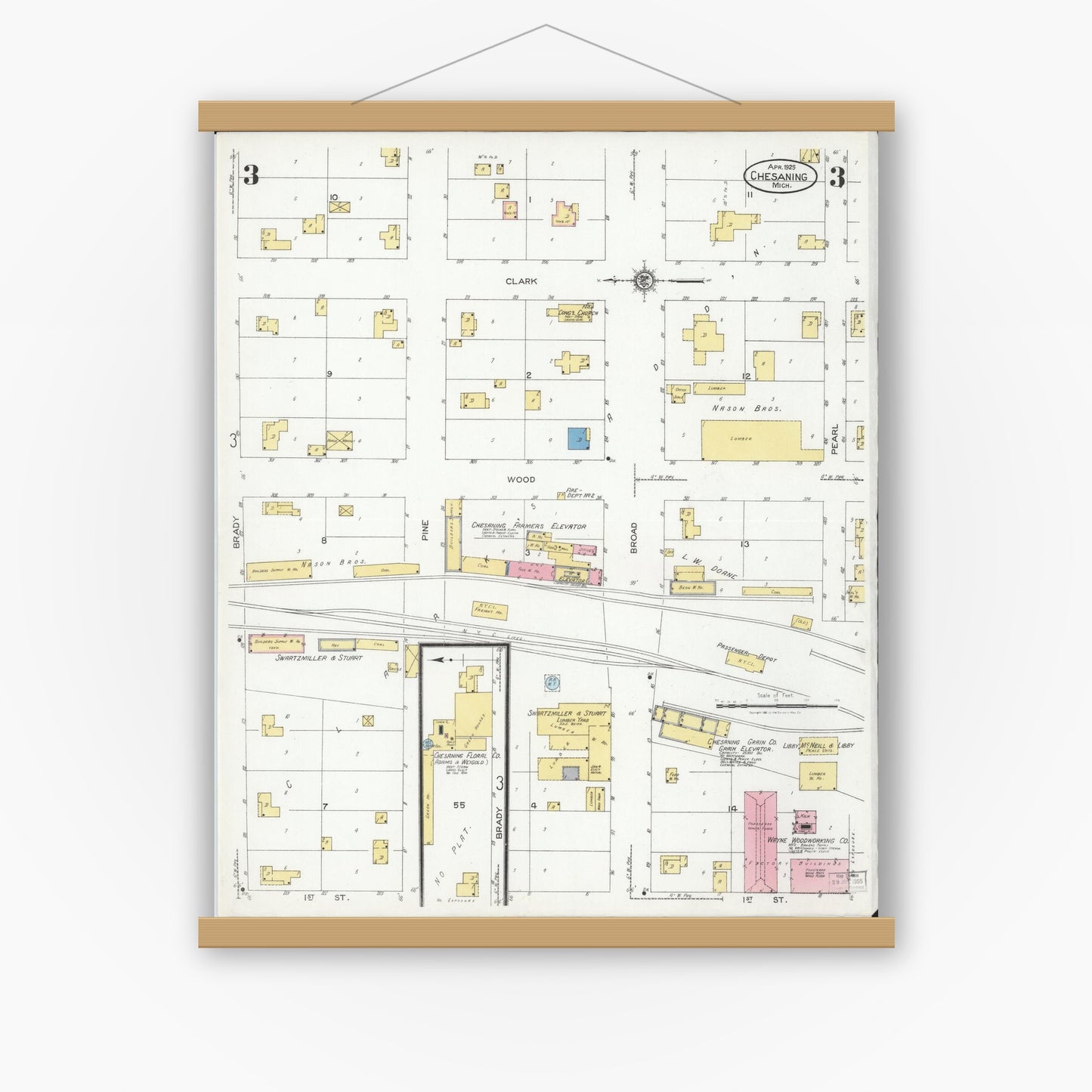 Old map wall art mockup — magnetic wood frame on white wall — Sanborn Fire Insurance Map from Chesaning, Saginaw County, Michigan (1925), Sheet #0003