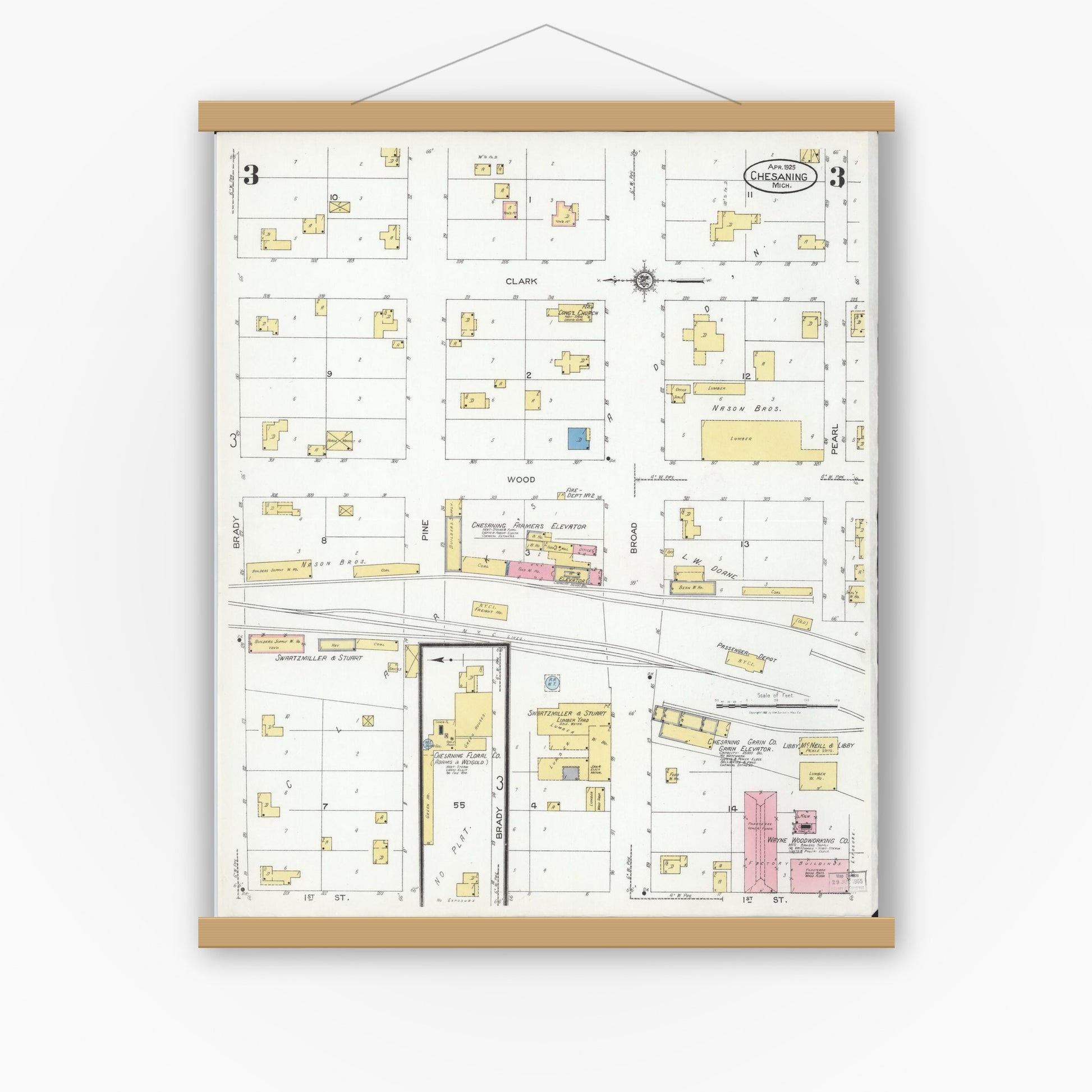 Old map wall art mockup — magnetic wood frame on white wall — Sanborn Fire Insurance Map from Chesaning, Saginaw County, Michigan (1925), Sheet #0003