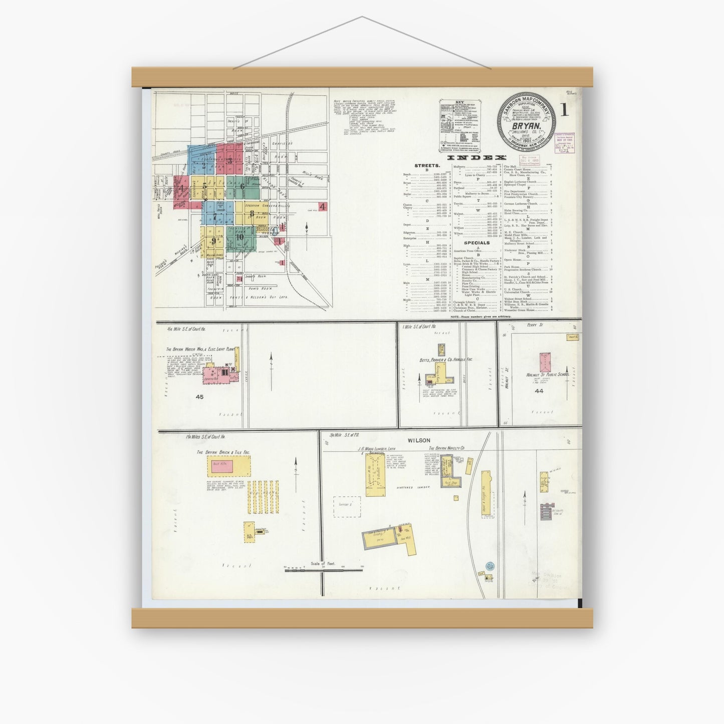 Old map wall art mockup — magnetic wood frame on white wall — Sanborn Fire Insurance Map from Bryan, Williams County, Ohio (1905) - Complete Map Set