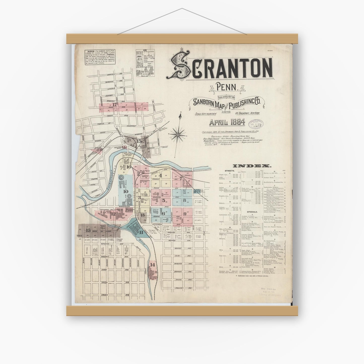 Old map wall art mockup — magnetic wood frame on white wall — Sanborn Fire Insurance Map from Scranton, Lackawanna County, Pennsylvania (1884), Sheet #0001