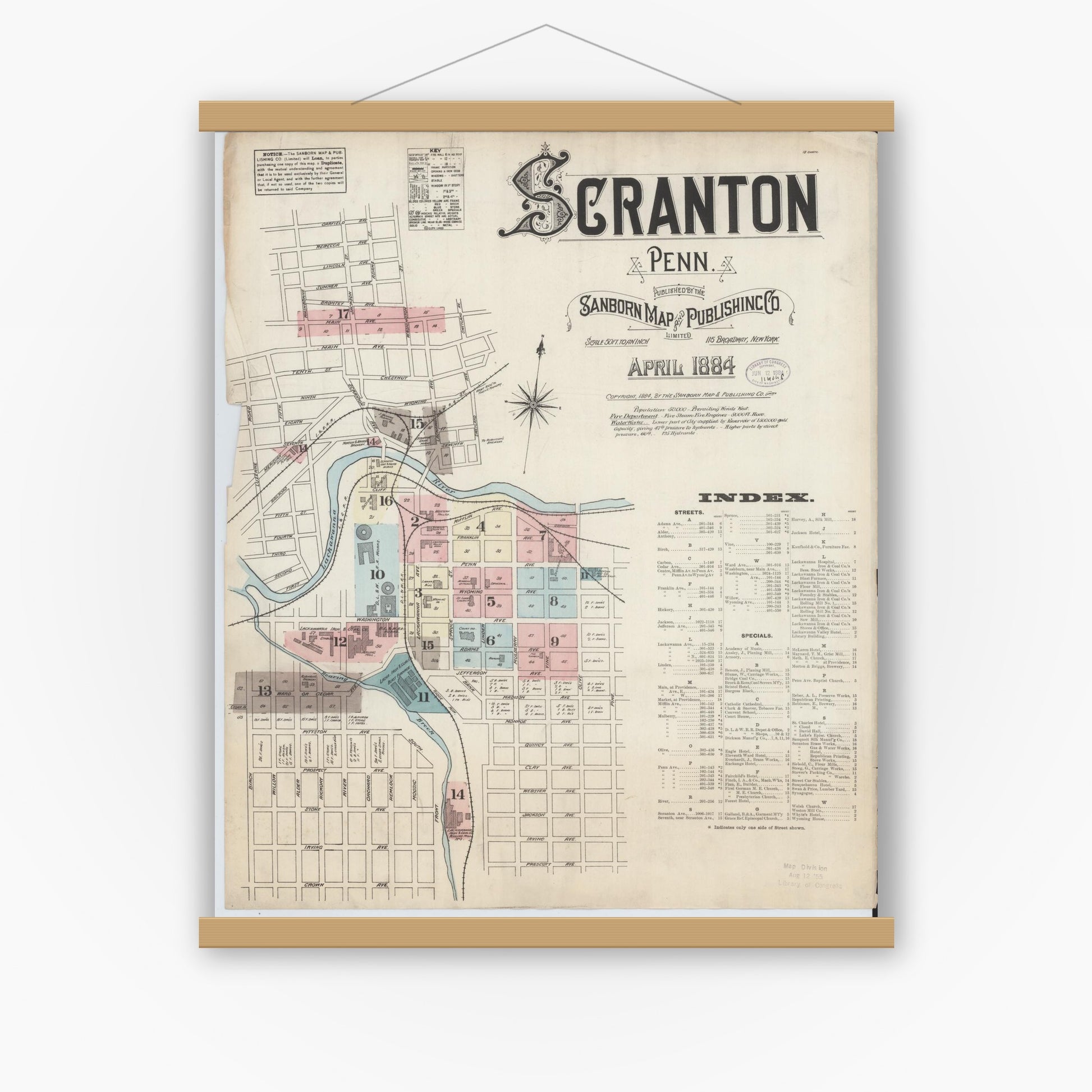 Old map wall art mockup — magnetic wood frame on white wall — Sanborn Fire Insurance Map from Scranton, Lackawanna County, Pennsylvania (1884), Sheet #0001