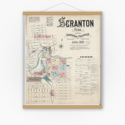 Old map wall art mockup — magnetic wood frame on white wall — Sanborn Fire Insurance Map from Scranton, Lackawanna County, Pennsylvania (1884), Sheet #0001